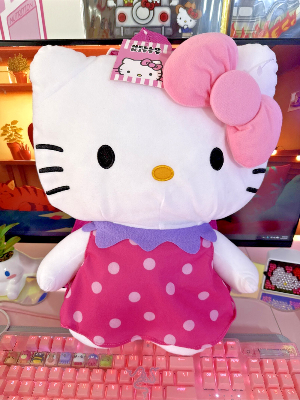 Hello Kitty Plush Backpack Large Strawberry Polka Dot Pink Dress 18" 2023 Sanrio